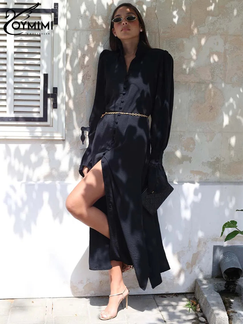 Elegant Blue Straight Womens Dresses Fashion Single Breasted Long Sleeve Dresses Casual Side Slit Mid-Calf Dress Female