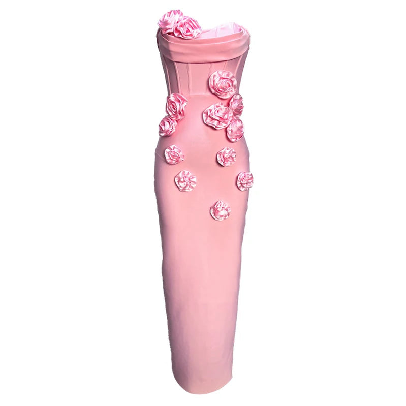 Pink Red Color Women Sexy Strapless Florals Bodycon Long Bandage Dress Evening Party Celebrate Birthday Outfit Vestido