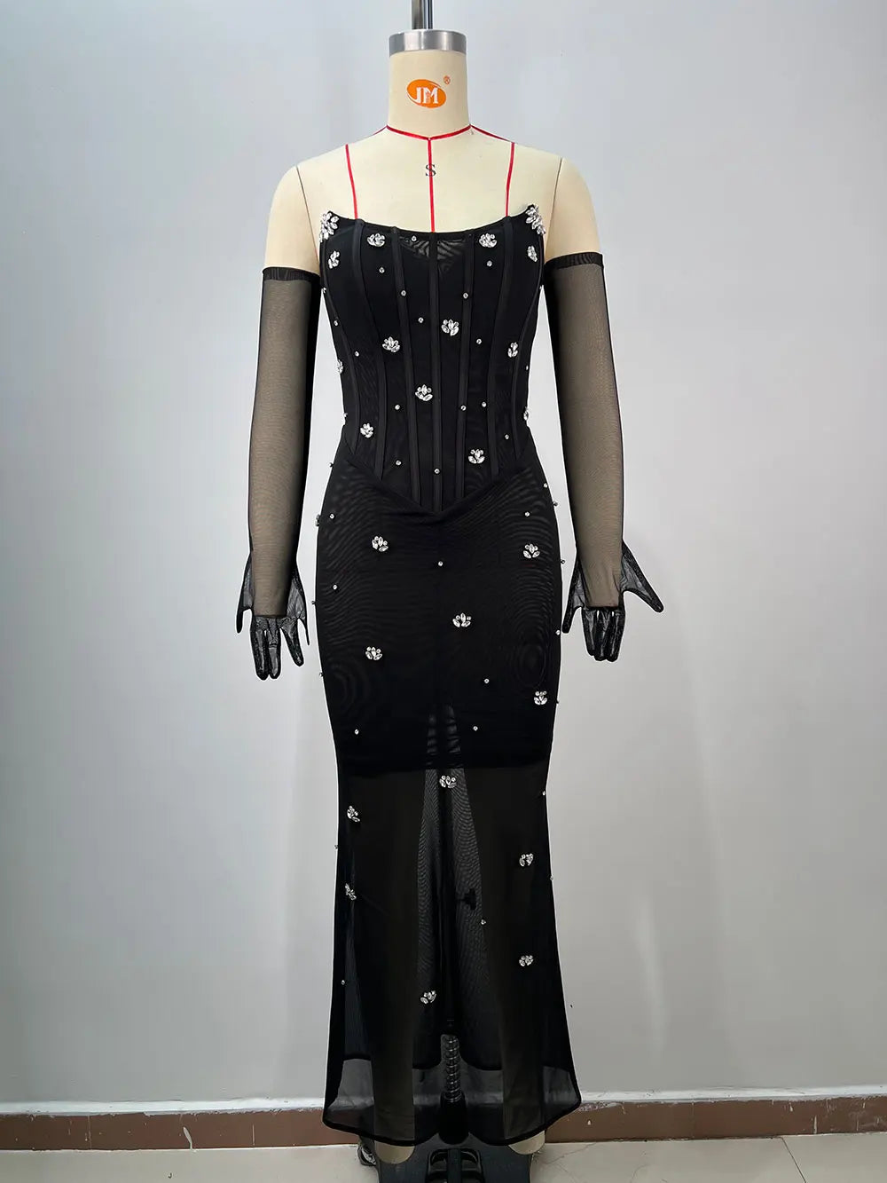 2025 Women'S Light Luxury Nail Bead Chiffon Dress Strapless Sleeveless Glove Design Bodycon Backless Black Long Dresses Vestidos