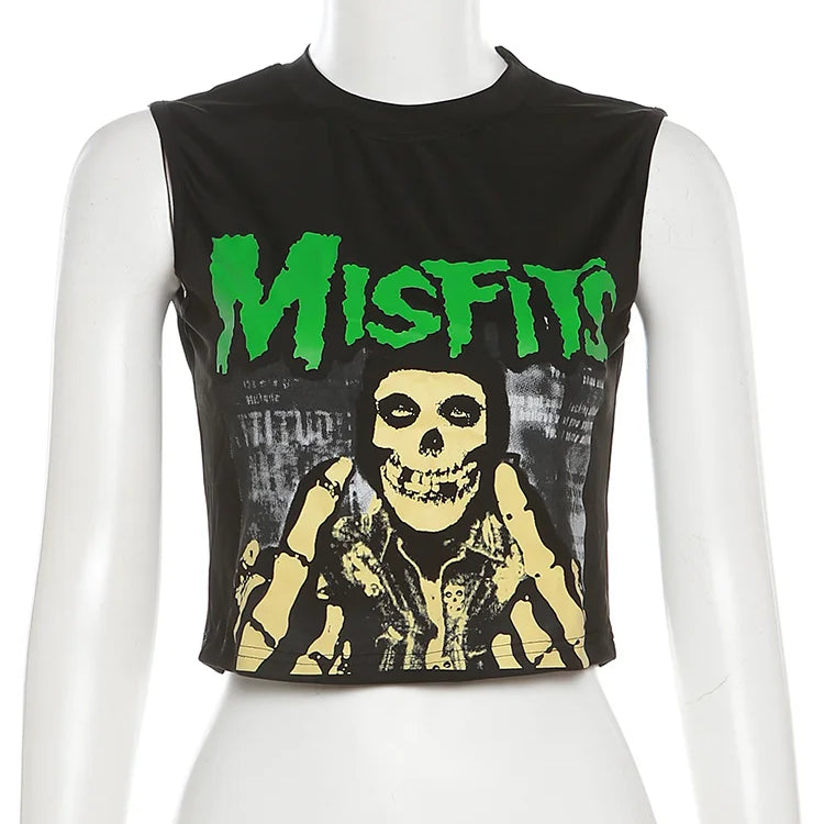 Weird Puss Halloween Style Women Crop Tops Skull Letter Print O Neck Sleeveless Causal Basic Vest Festival Party Y2K Streetwear