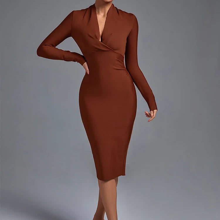 Draped Bandage Dress Women Long Sleeve Bandage Dress Bodycon Elegant Sexy Midi Evening Party Dress Summer Club Outfits