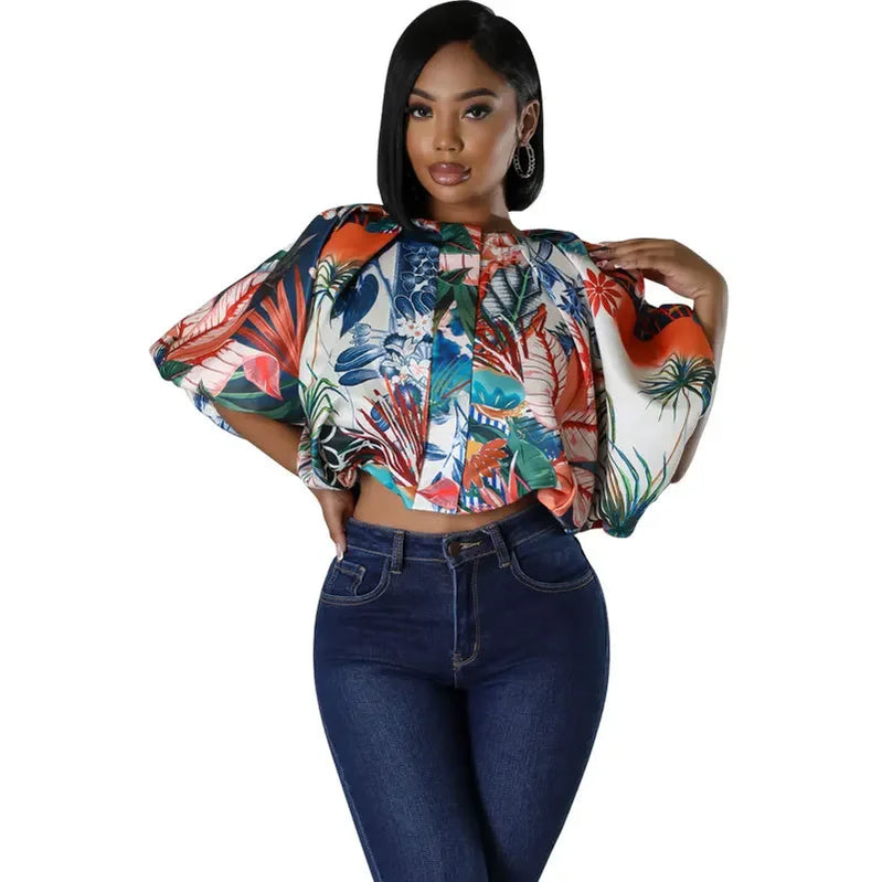 CM.YAYA Summer Street Women Shirts Fashion Ruched Short Puff Sleeve Mini Blouse 2024 Street Print Casual Holiday Shirts Tops