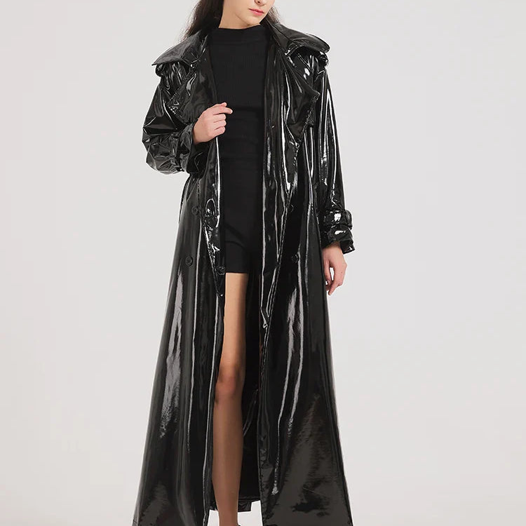Spring Autumn Extra Long Black Shiny Reflective Soft Stretchy Patent Leather Trench Coat for Women Maxi Overcoat 2024