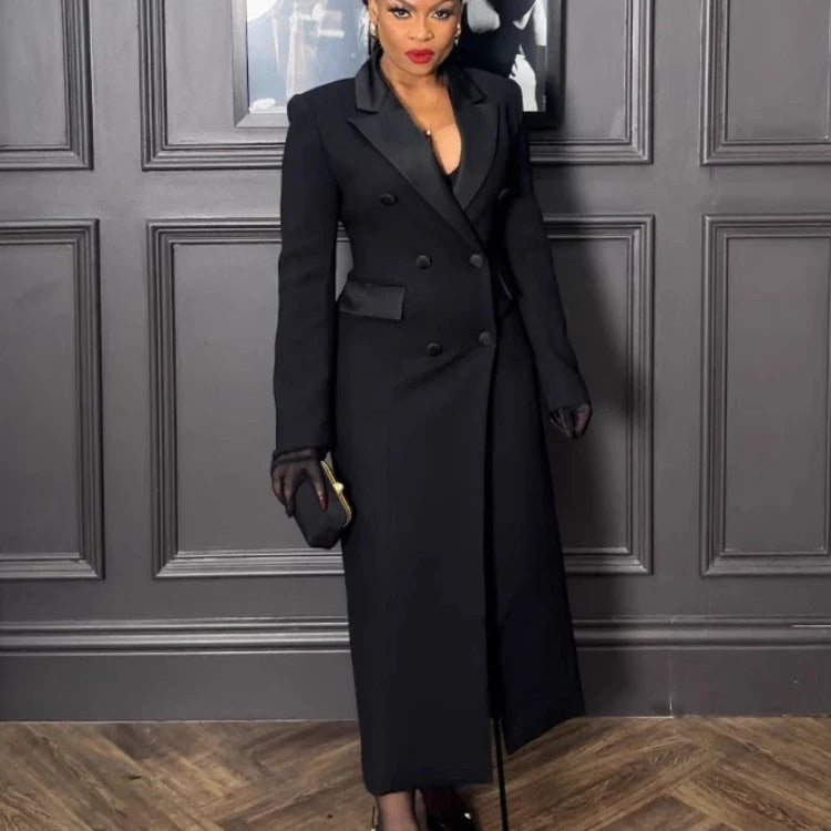 CM.YAYA Fashion Women OL Work Double Breasted Notched Long Sleeve Maxi Dress Spring Sexy Night Elegant Party Street Long Dresses