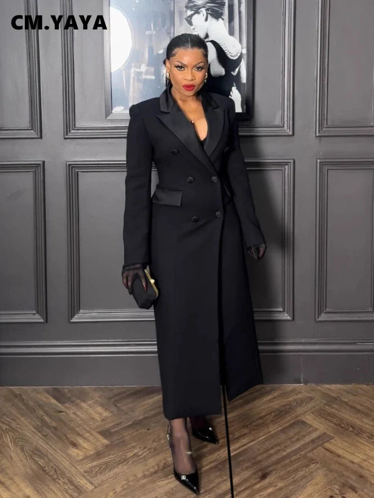 CM.YAYA Fashion Women OL Work Double Breasted Notched Long Sleeve Maxi Dress Spring Sexy Night Elegant Party Street Long Dresses