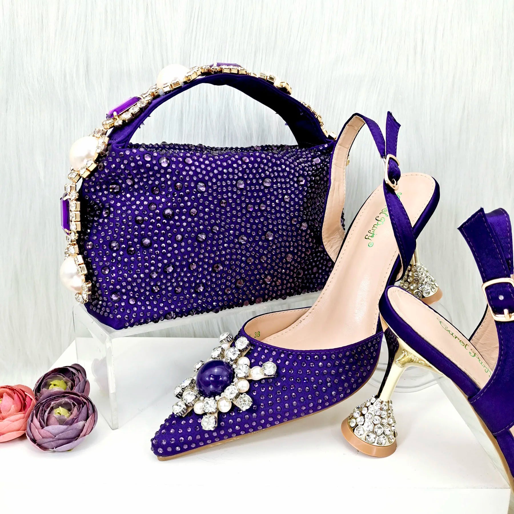 Gold Color Elegant Lady Shoes And Bag Set with Rhinestone Embellished Pearls-knot Wear-resistant And Comfortable Heel Purple
