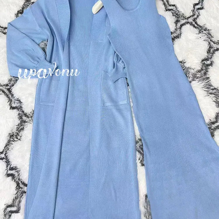 Casual Solid Knitted Sweater Long Dress Set Women Long Sleeve Loose Long Cardigan Coat&Sleeveless Mid length Dress Two Piece Set