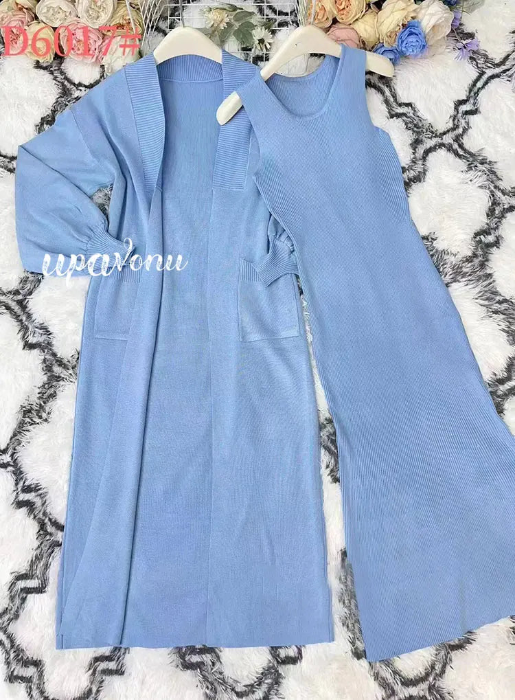 Casual Solid Knitted Sweater Long Dress Set Women Long Sleeve Loose Long Cardigan Coat&Sleeveless Mid length Dress Two Piece Set