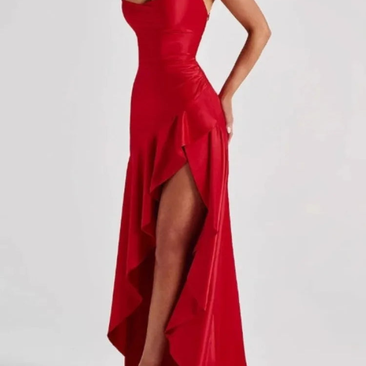 Satin Spaghetti Strap Ruffled Sexy Maxi Dress For Women Gown Red Off-shoulder Sleeveless Backless High Split Long Dress