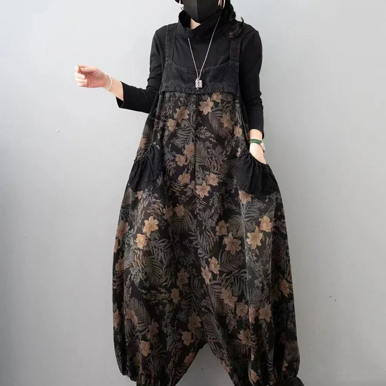 Spring Vintage Streetwear Womens Plus Size Printed Jeans Denim Overalls Ladies Floral Harem Pants Casual Trousers