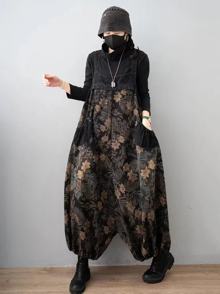 Spring Vintage Streetwear Womens Plus Size Printed Jeans Denim Overalls Ladies Floral Harem Pants Casual Trousers