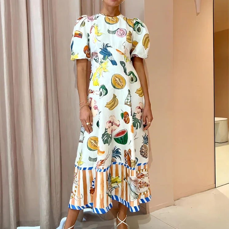 Holiday Beach Style Fruit Maxi Dresses NEW Summer Trendy and Unique Graffiti Print Bodycon Versatile Dress for Women