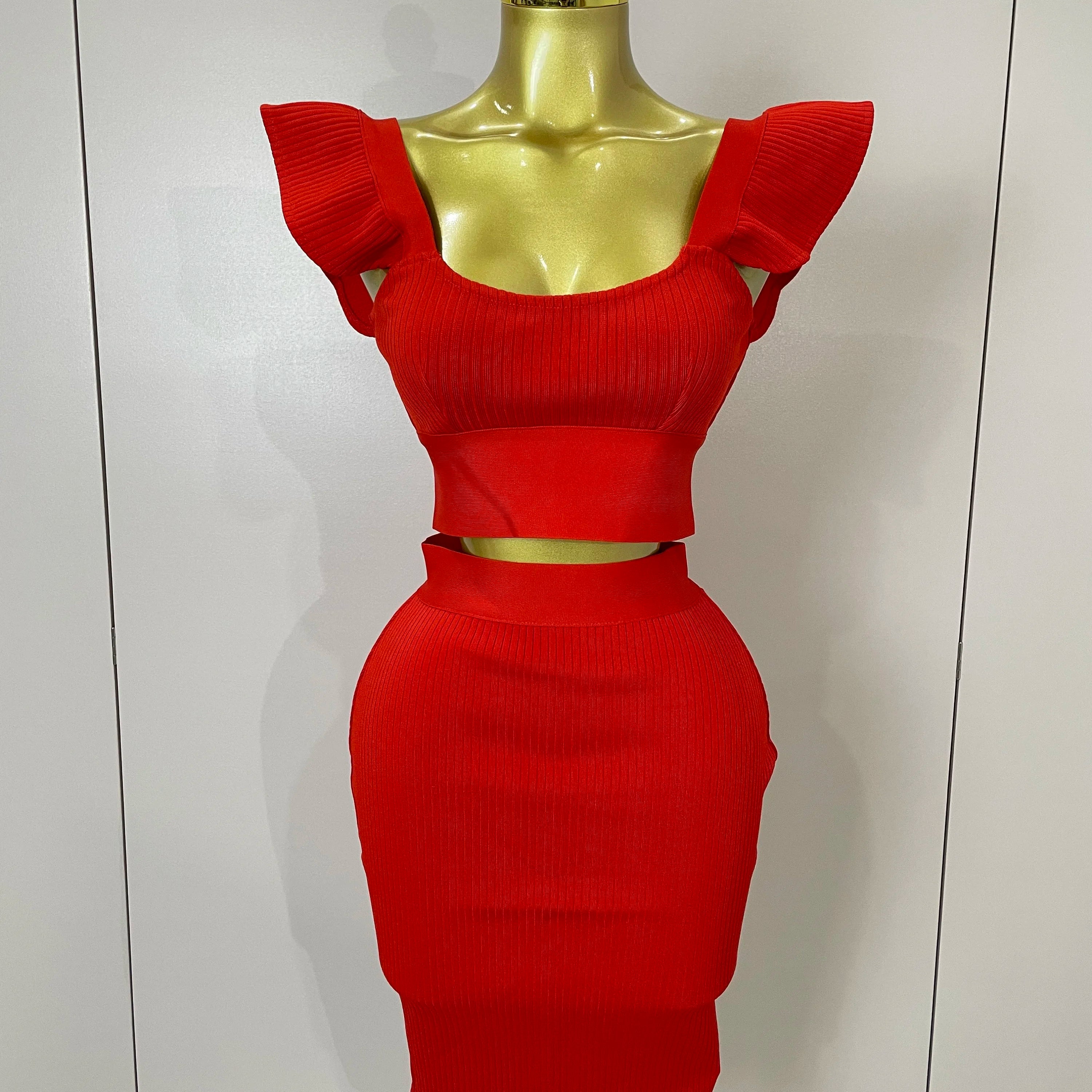 Women 2025 New Sexy Backless Ruffles Red Bandage Two Pices Set 2025 Celebrity Evening Elegance Birthday Party Dress