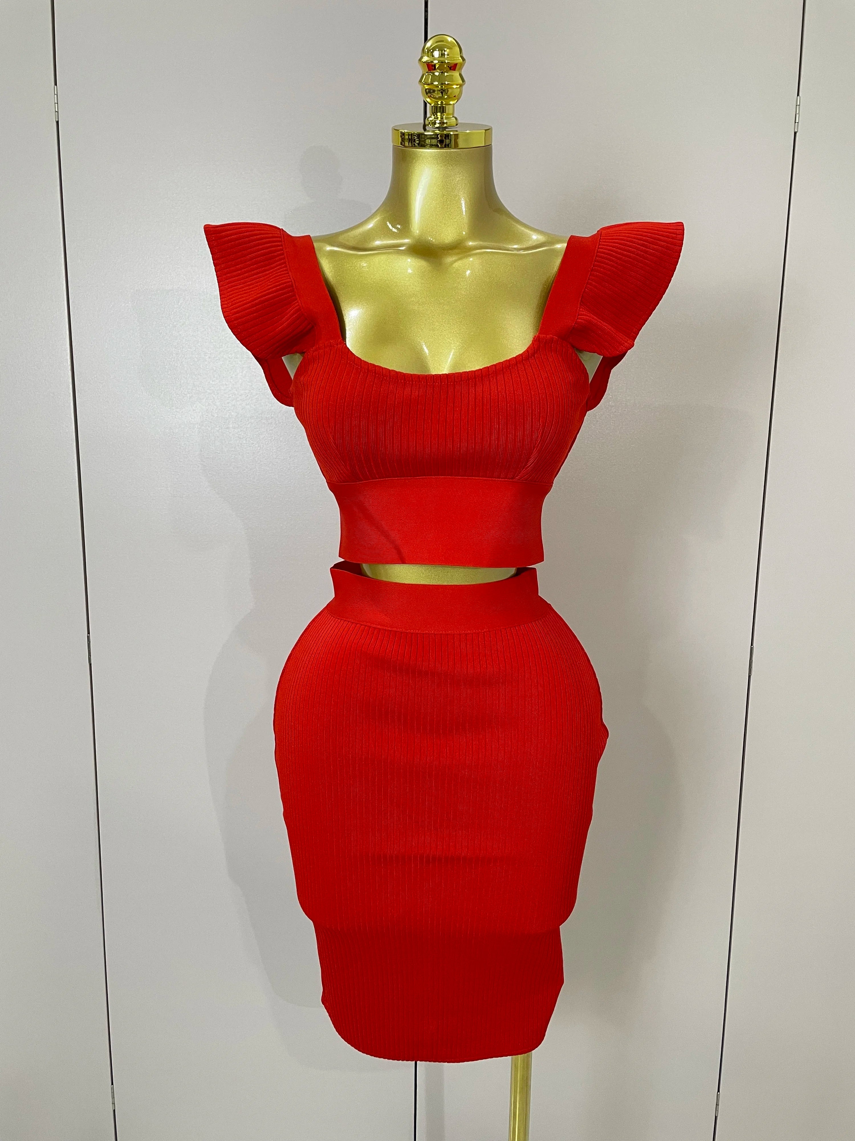 Women 2025 New Sexy Backless Ruffles Red Bandage Two Pices Set 2025 Celebrity Evening Elegance Birthday Party Dress
