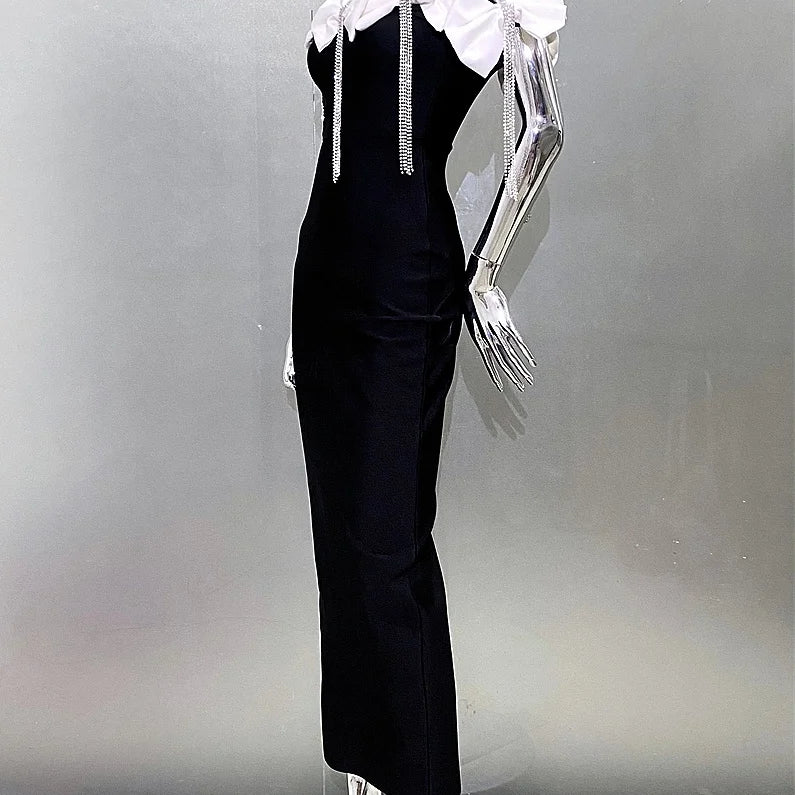 Sparkling Diamonds Tassel White Bows  Sexy Off The Shoulder Ankle Lenght Bandage Dress Woman Birthday Party Vestido