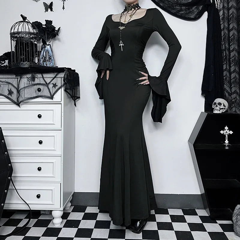 Halloween Cos Morticia Elegant Gothic Dress for Women Adams Family Inspired Wednesday Slim Summer Mermaid
