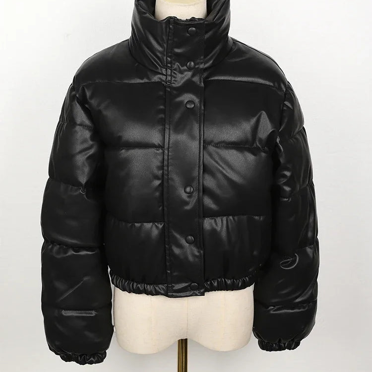 Winter Parka Coat Women's Jacket Thick Warm Women Fashion Black PU Leather Coats Women Elegant Zipper Faux Leather Jackets Tops black