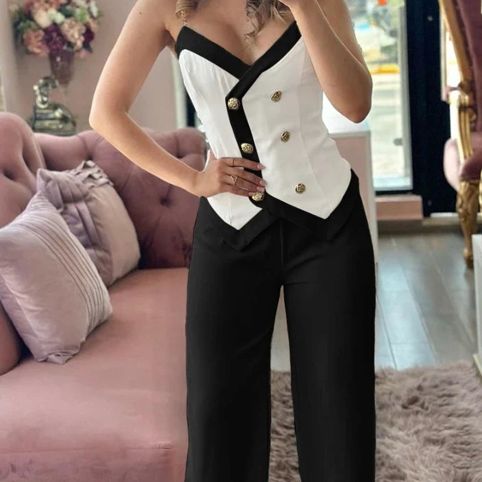 Two Piece Set Women Outfit Summer Fashion Double Breasted Chain Strap V-Neck Cami Top & Casual Daily Straight Leg Pants Set