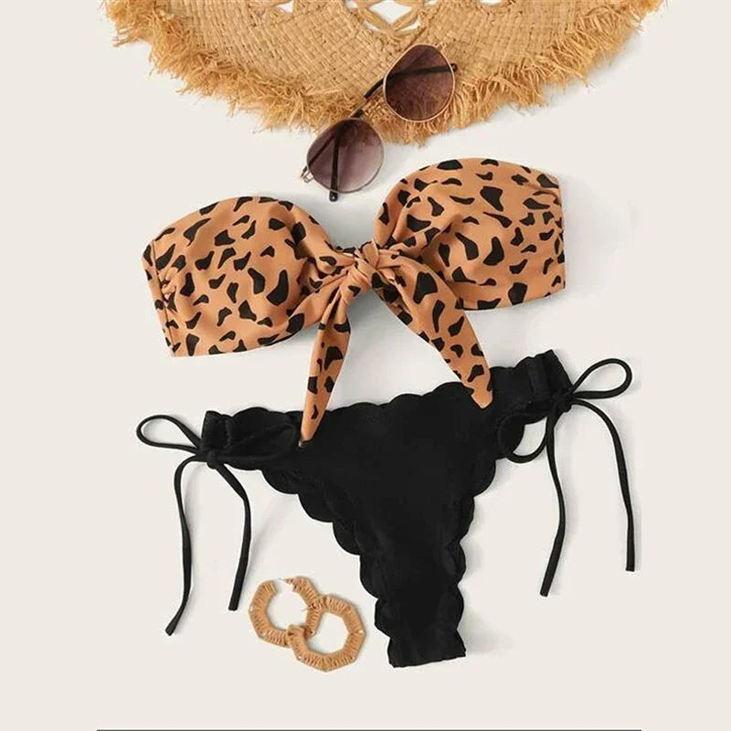 Beach Bikini Woman Sexy Front Lace Up Tie Strapless Leopard Swimsuit Female Push Up Ruffled Bow Bathing Suit Thong Swimwear Yellow leopard print