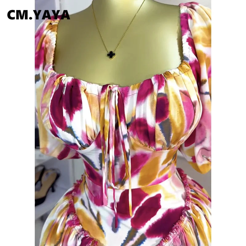 CM.YAYA Women Tulip Foral Printed Lantern Short Sleeve Big Swing High Waist Dress 2025 Chic Birthday Party Vestidos Sexy Dresses