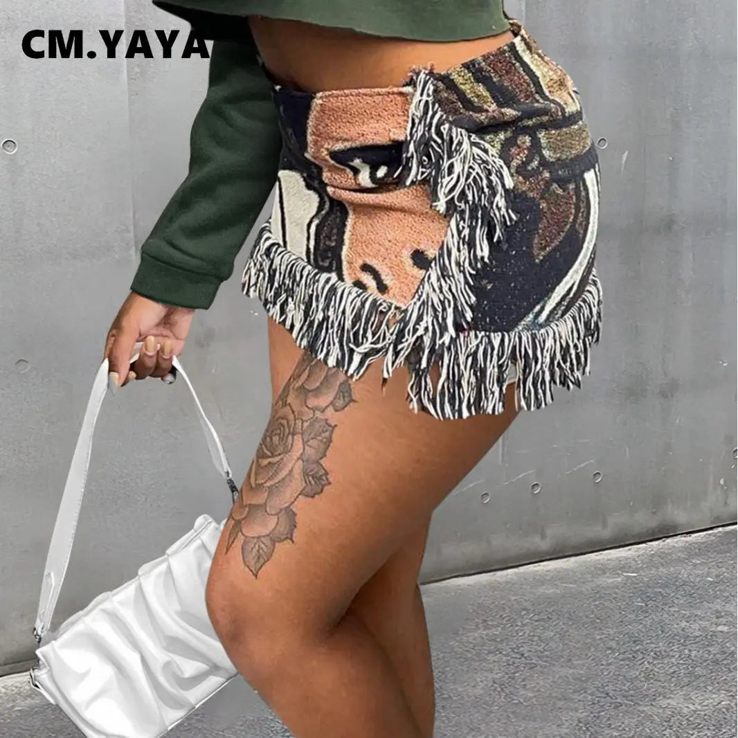 CM.YAYA 2024 Spring Casual Fashion Pattern Tassel Mini Short Skirt Slim Print Street Female INS Classic Women’s Skirts
