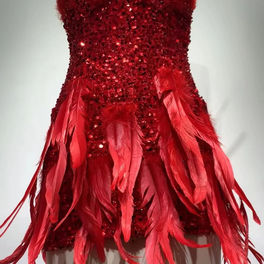 Luxurious Spring Red Color Women Strapless Feathers Bodycon Mini Dress Celebrate Birthday Cocktail Party Dress