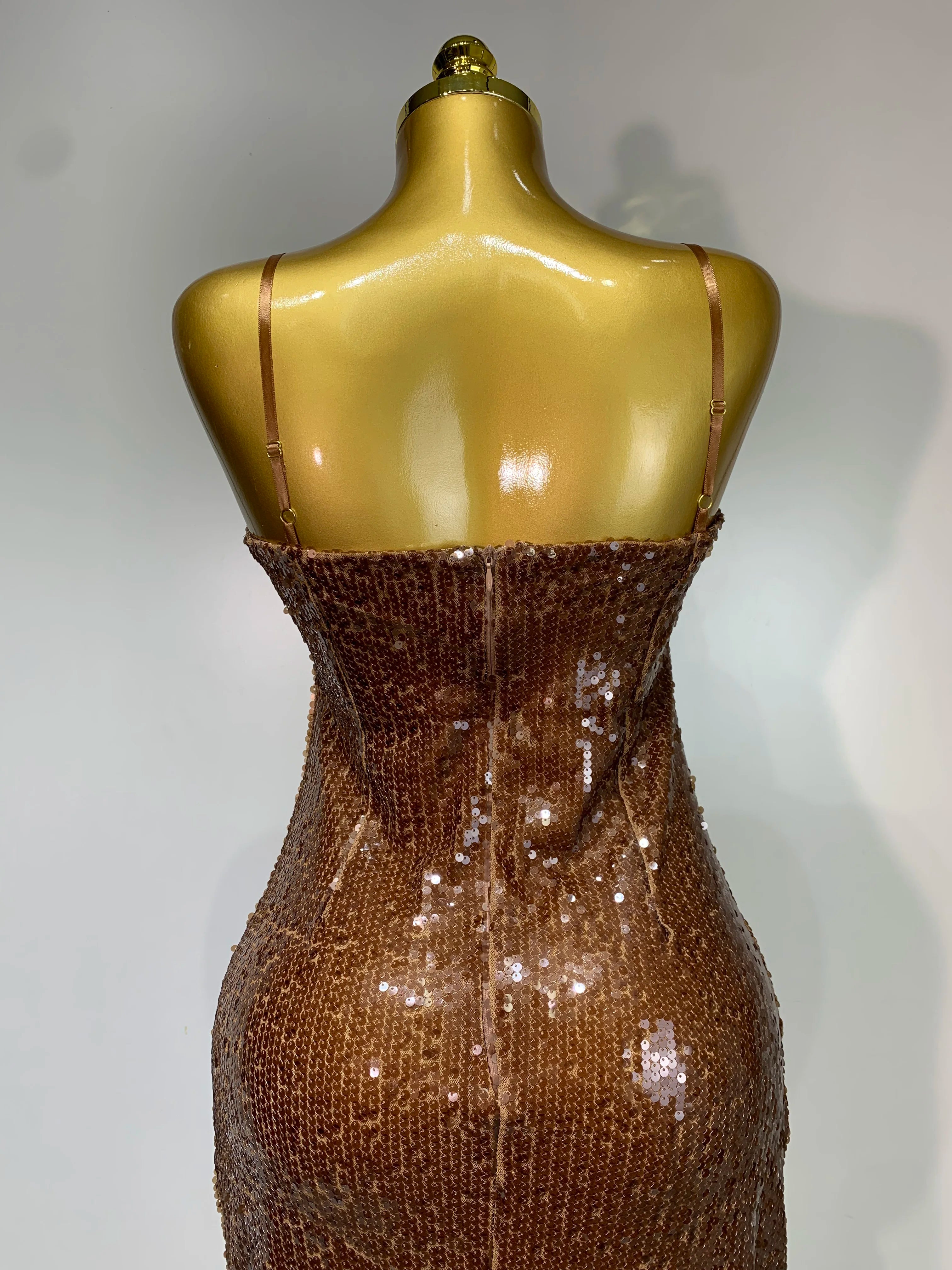Women Luxury Sexy Sleeveless Backless Mesh Sequins Flower Brown Bodycon Maxi Dress Club Elegant Celebrity  Evening Party Dress