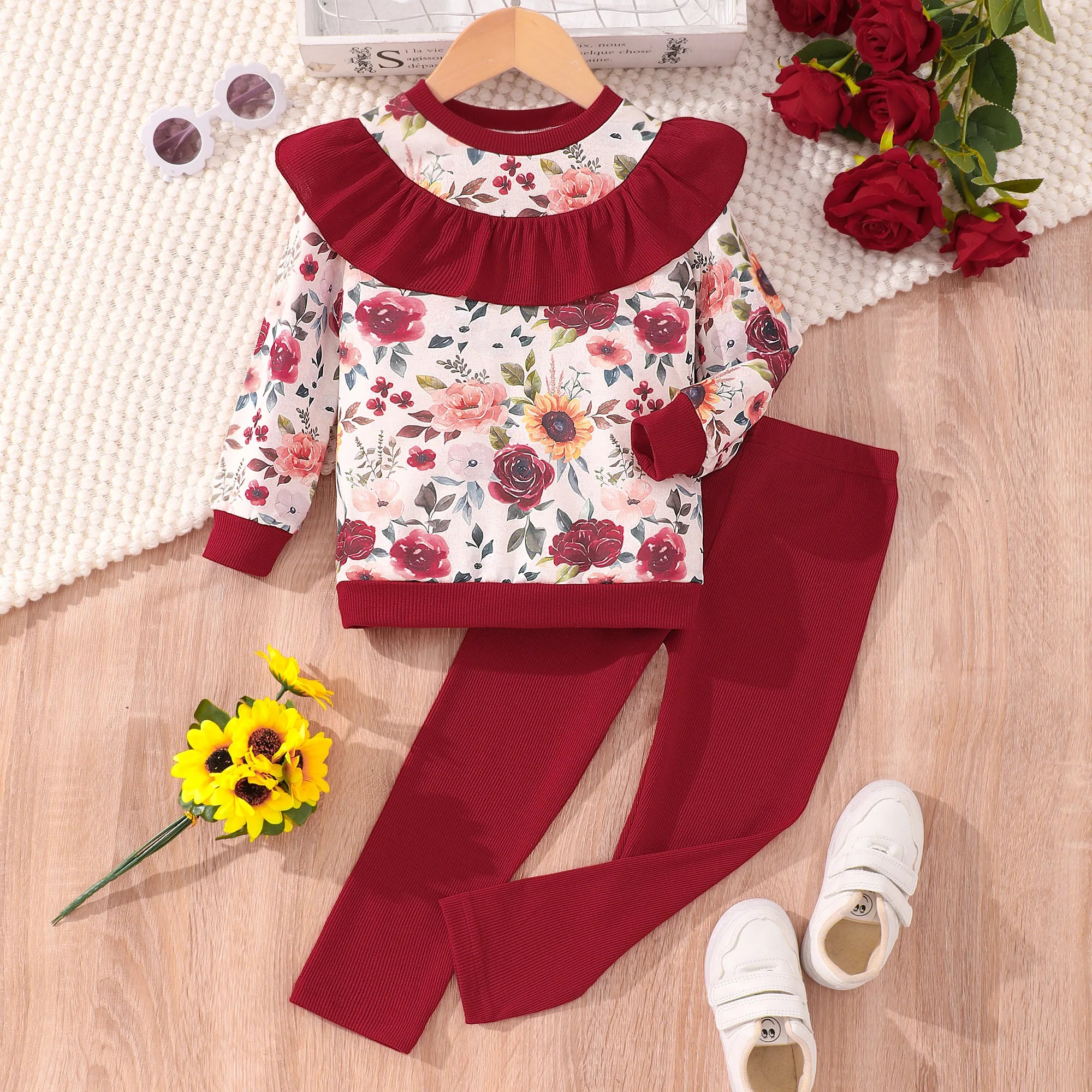 Conjunto de ropa para niños 2-7 y otoño/invierno estampado de flores estampado de manga larga+pantalones de dos piezas
