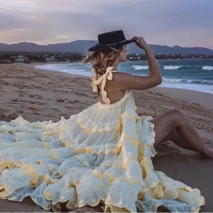 BOHO Stitching Lace Ruffles Tide Bow Spaghetti Strap Dress Ethnic Woman Slash Collar Long Big Swing Cake Dresses Holiay Robe