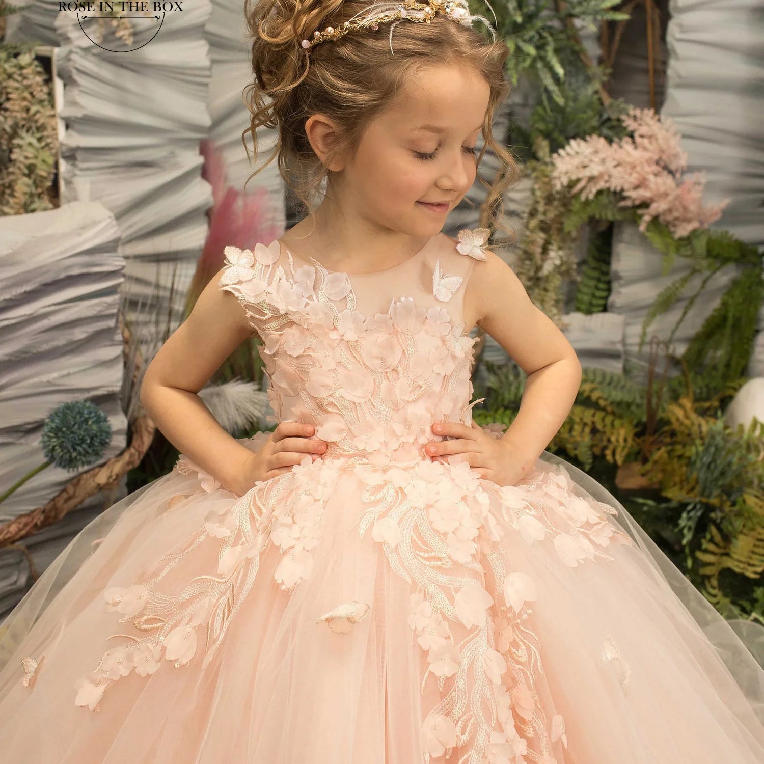 Pearl Pink Lace Flower Girl Dresses For Weddings Floral Tulle Kids Junior Bridesmaid Ball Gown First Communion Dress Wed Party