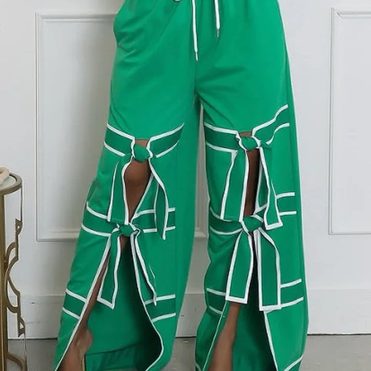 CM.YAYA Fashion Women Striped Patchwork Bowknot Split Wide Leg Jogger Pants 2025 Summer Active Sporty Classic Trousers