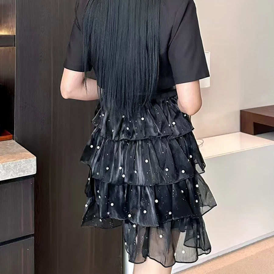 TWOTWINSTYLE Solid Spliced Bead Belt Elegant Dresses for Women Lapel Short Sleeves Patchwor Ruffles Dress Female Clothing New