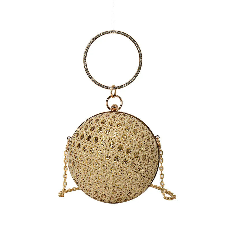 Sparkly Round Evening Purses for Women Shiny Diamonds Handbag Unusual Party Mini Small Bags Fashion Luxury Shoulder Bag Woman Gold Mini(Max Length<20cm)