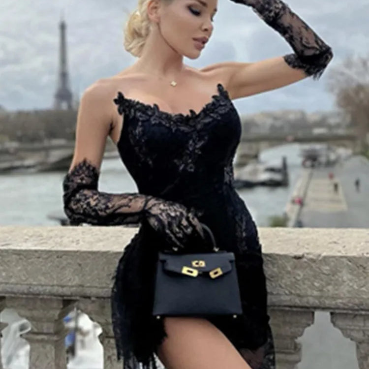 Women Summer Sexy Strapless Backless Black Lace Gloves Maxi Long Dress 2023 Elegant Evening Party Club Dress