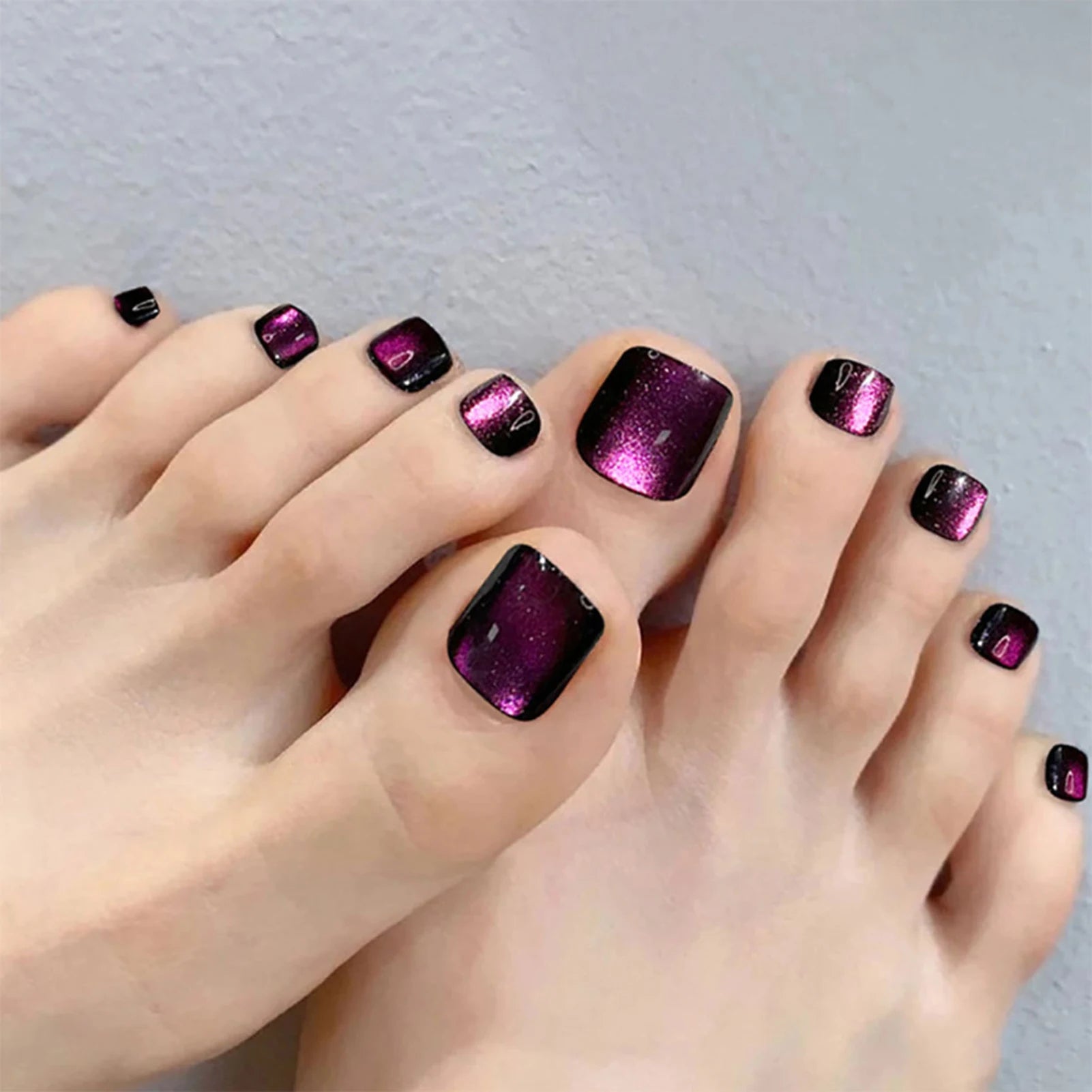 24pcs Summer False Toenails Aurora Cat Eye Fake Toenail Patches Beach Wearable Detachable Square Head Press on Toe Nails