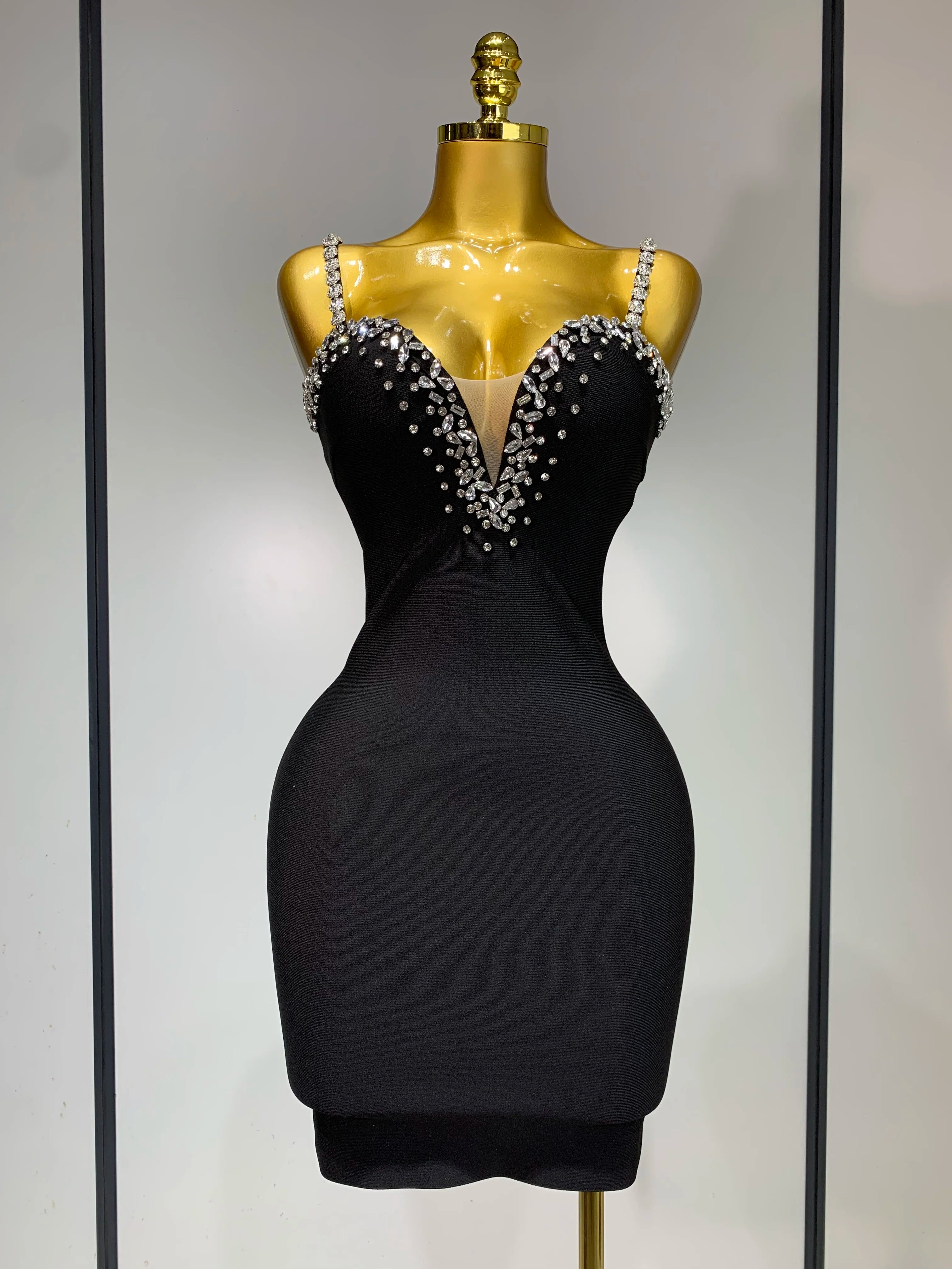 Women Sexy Sling V-neck Black Mini Bodycon Bandage Dress Luxury 2025 Celebrity Evening Club Celebrity Elegant Party Gowns