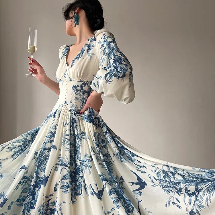 French Summer Midi Fashion Floral Beading High Waist A Line Party Dresses Women Vintage Elegant Lantern Sleeve Chic Casual Dress