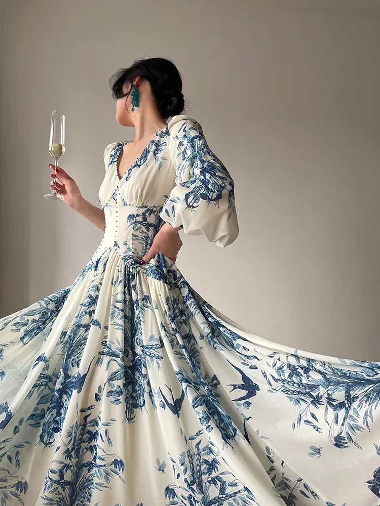 French Summer Midi Fashion Floral Beading High Waist A Line Party Dresses Women Vintage Elegant Lantern Sleeve Chic Casual Dress