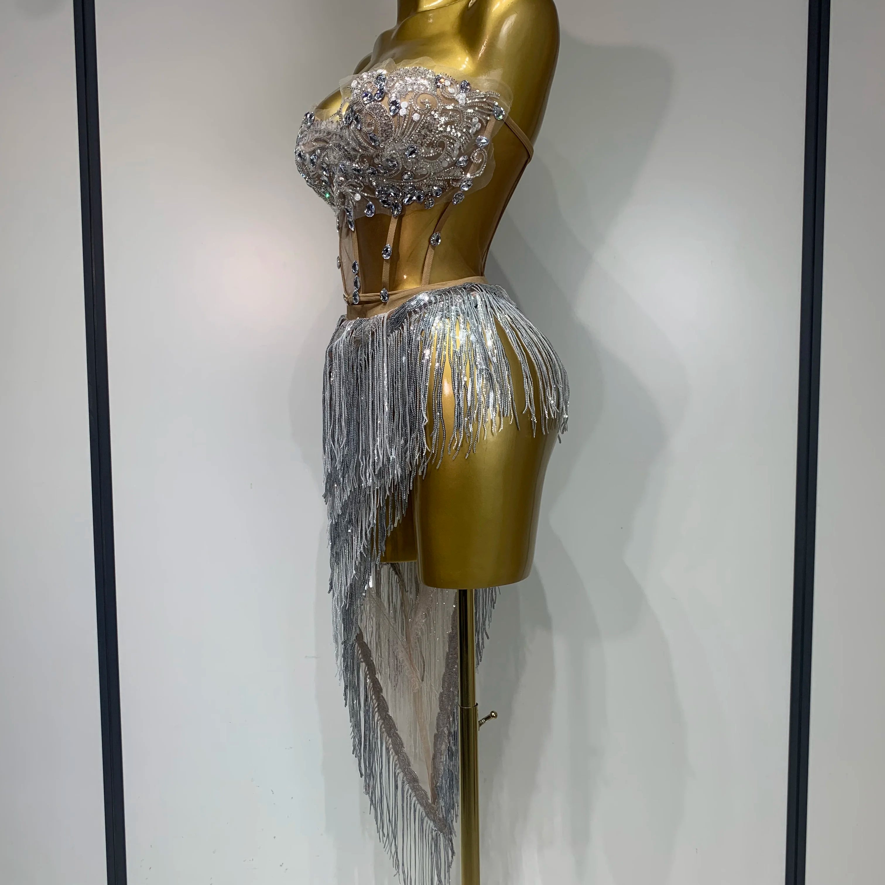 Women Sexy Singer Dancer Performan Costume Nightclub Bar Girl Sparkly Diamond Tassel Two Piece Set Evening Party Birthday Outfit