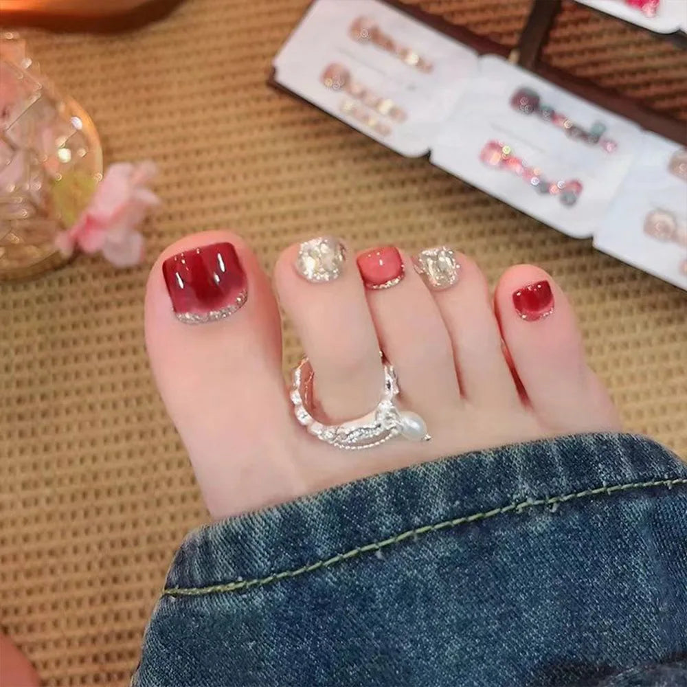 24pcs Blue Cat Eye Press on Toenails with 3d Butterfly Summer Wearable False Toe Nails Glitter Diamond Design Fake Toenails