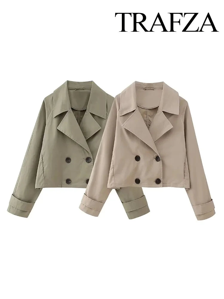 Autumn Short Windbreaker Women's Jacket TRAF Elegant Loose Retro Double-Breasted Windproof Lady Long-Sleeved Jacket