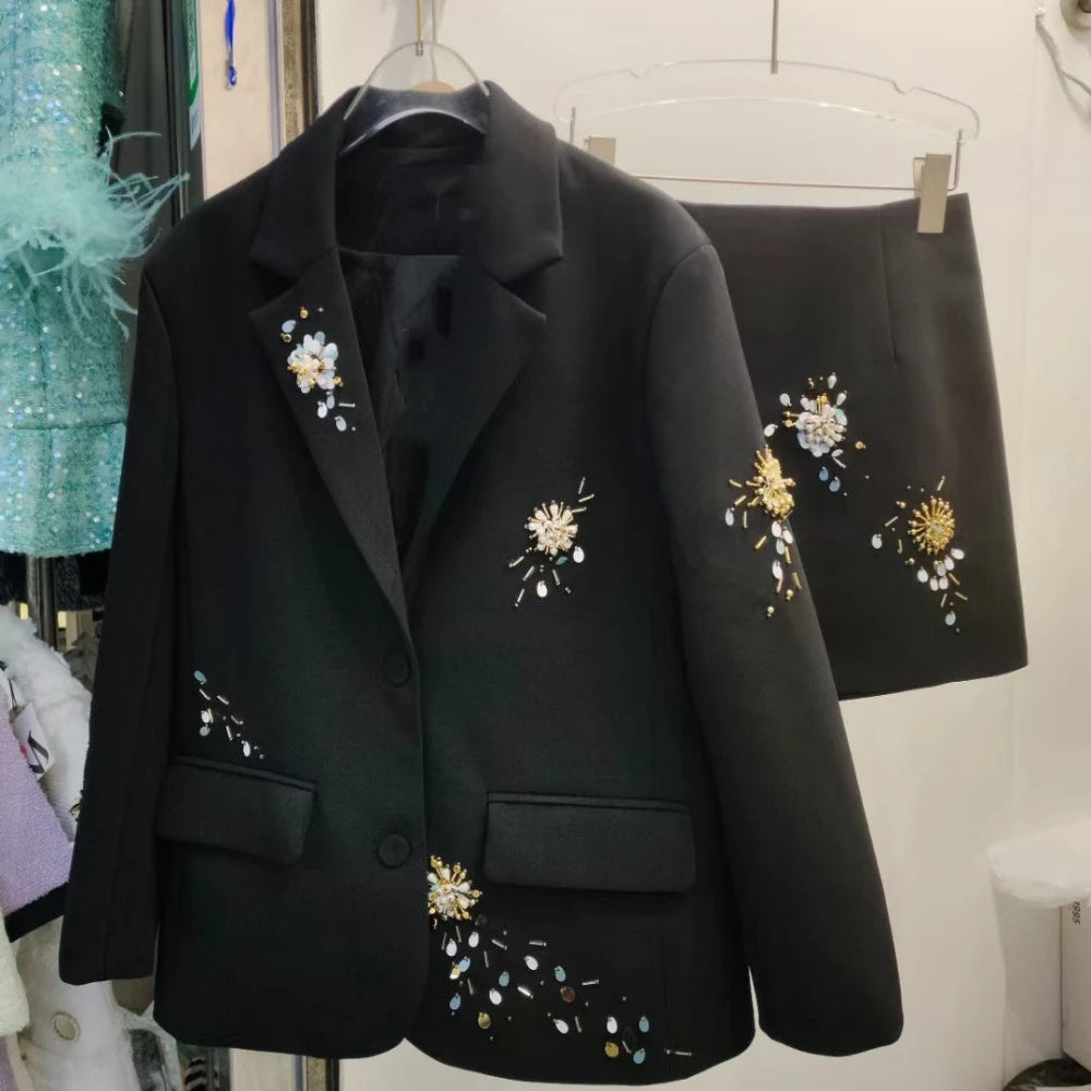 TWOTWINSTYLE Spliced Bead Two Piece Sets for Women Lapel Long Sleeve Patchwork Single Breasted Top High Waist Skirt Set Female