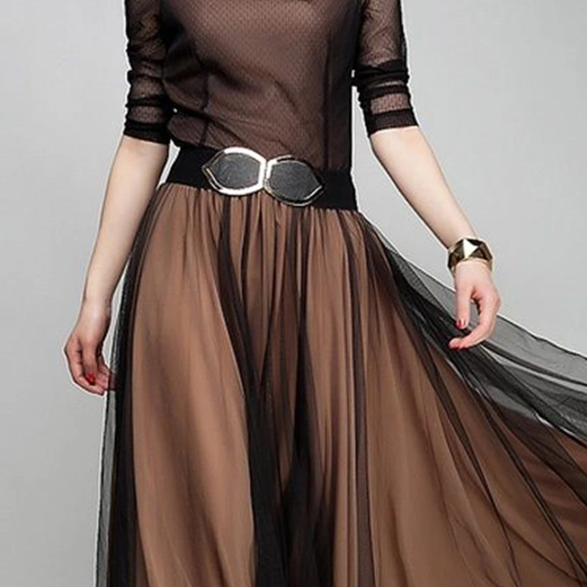 Women Plus Size Elegant Plain Boat Neck Dress Mesh Transparent Pleated A-Line Autumn Flowy Hem Wedding Guest Fashion Maxi Dress