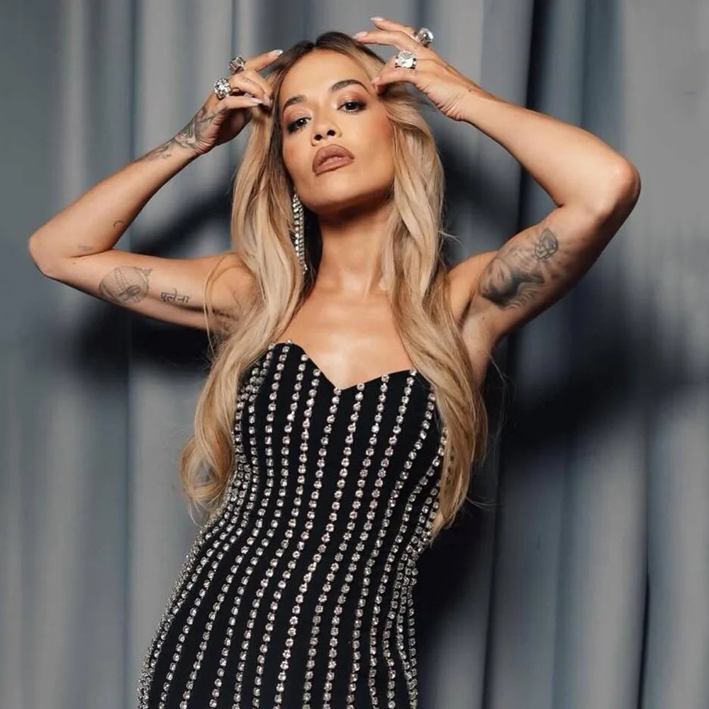 Women Sexy Strapless Shinning Diamond Bodycon Mini Bandage Dress Nightclub Party Celebrate Birthday Outfit