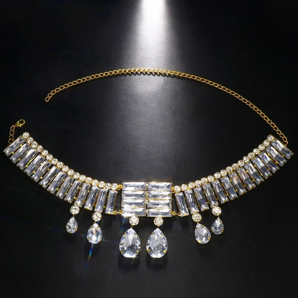 Exaggerate Large Crystal Choker Neckalce Statement Accessories Luxury Water Drop Rhinestone Collar Choker for Women Gold