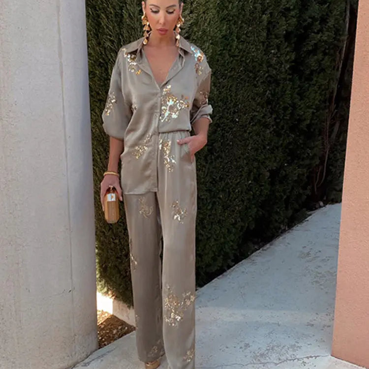 Fashion Print Sequin Shirt 2 Piece Sets For Women Loose Lapel Long Sleeves Top Wide Leg Pants Suits Lady Elegant Outfits