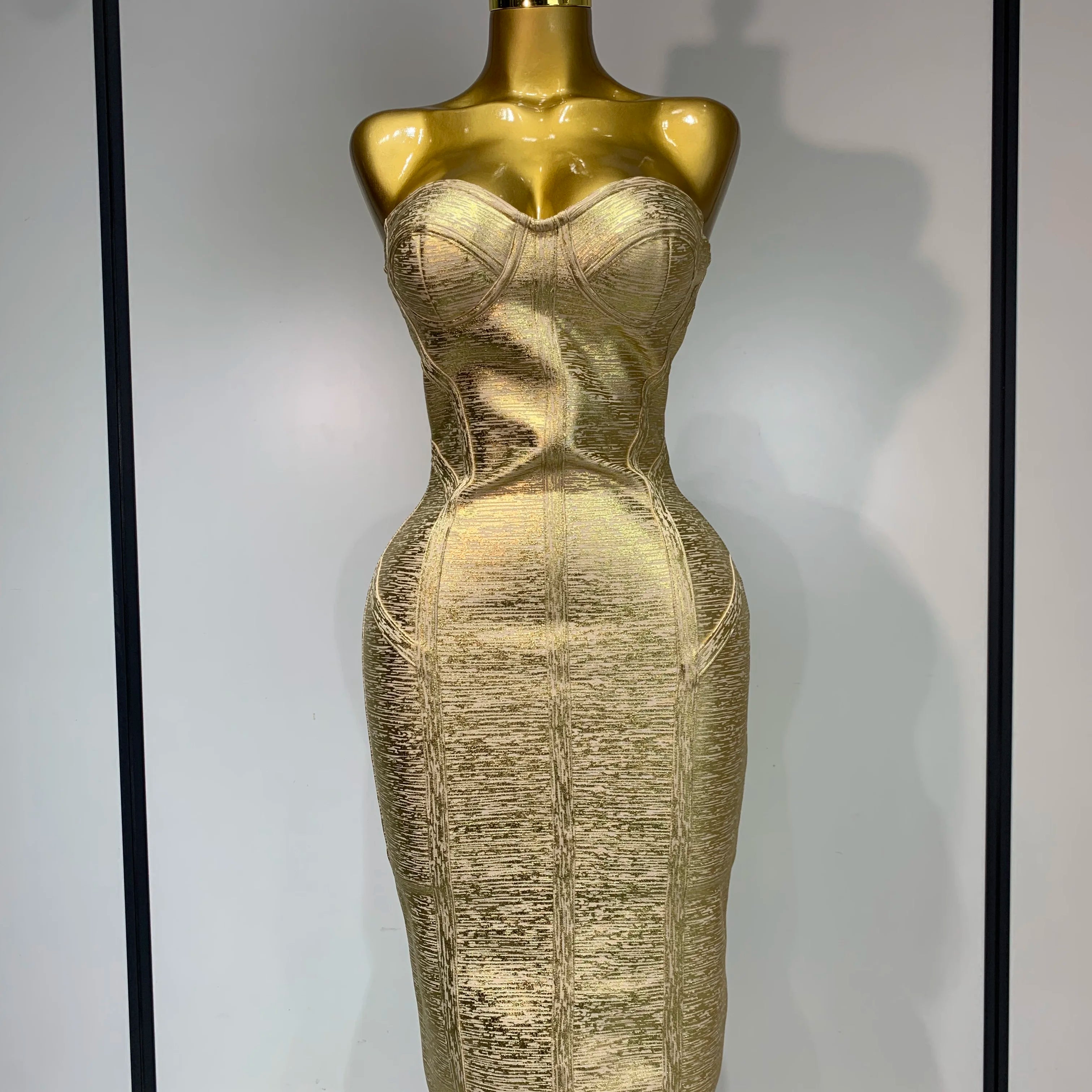 Women Sexy Gold Strapless Bodycon Bandage Dress 2025 Fashion Celebrate Evening Party Luxury Birthday Wedding Guest Dress