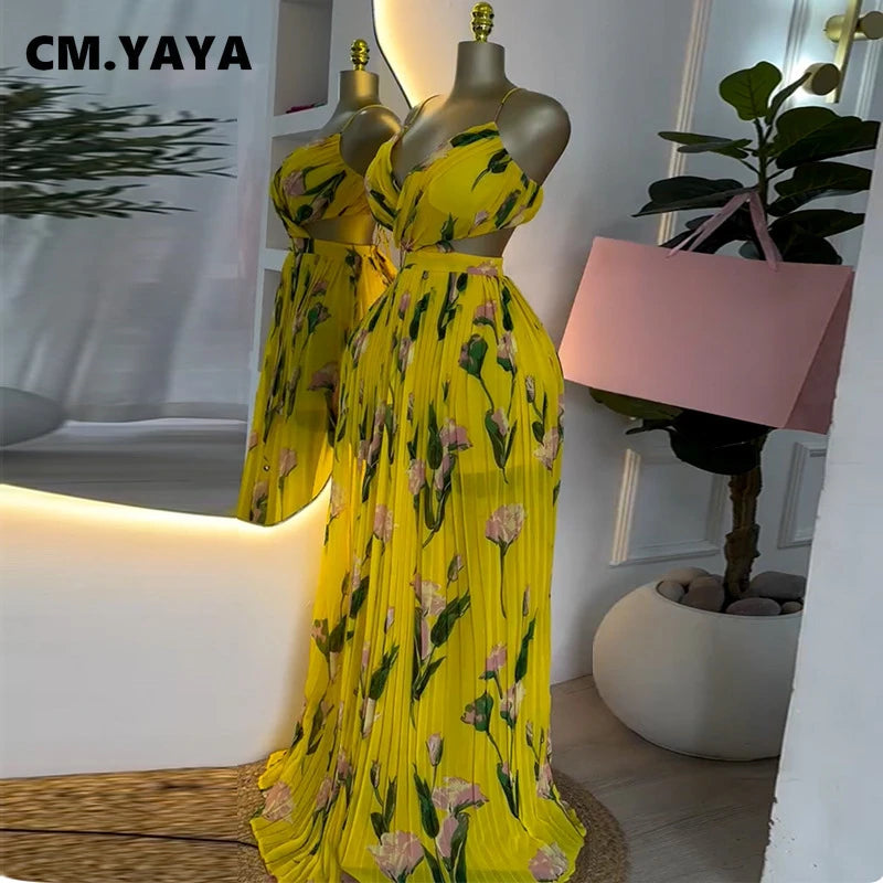CM.YAYA Elegant Floral Print Sleeveless Sweet Strapless Floor-Length Long Women Dress Beach Party Birthday Sexy Pleated Dresses