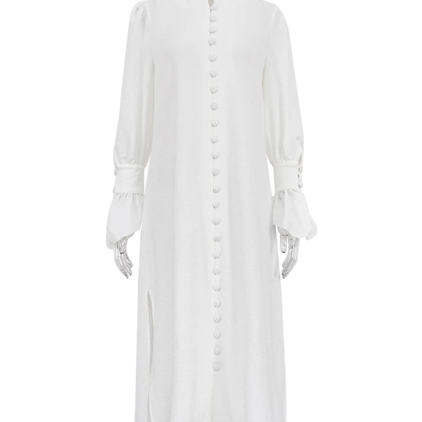 Elegant Blue Straight Womens Dresses Fashion Single Breasted Long Sleeve Dresses Casual Side Slit Mid-Calf Dress Female