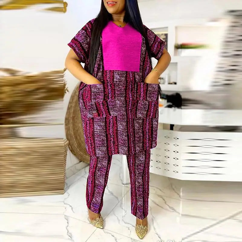 VONDA Plus Size 5XL Women Pant Sets 2024 Elegant Printed Patchwork Trousers Suits Vintage Tops and Wide Leg Pants Matching Sets